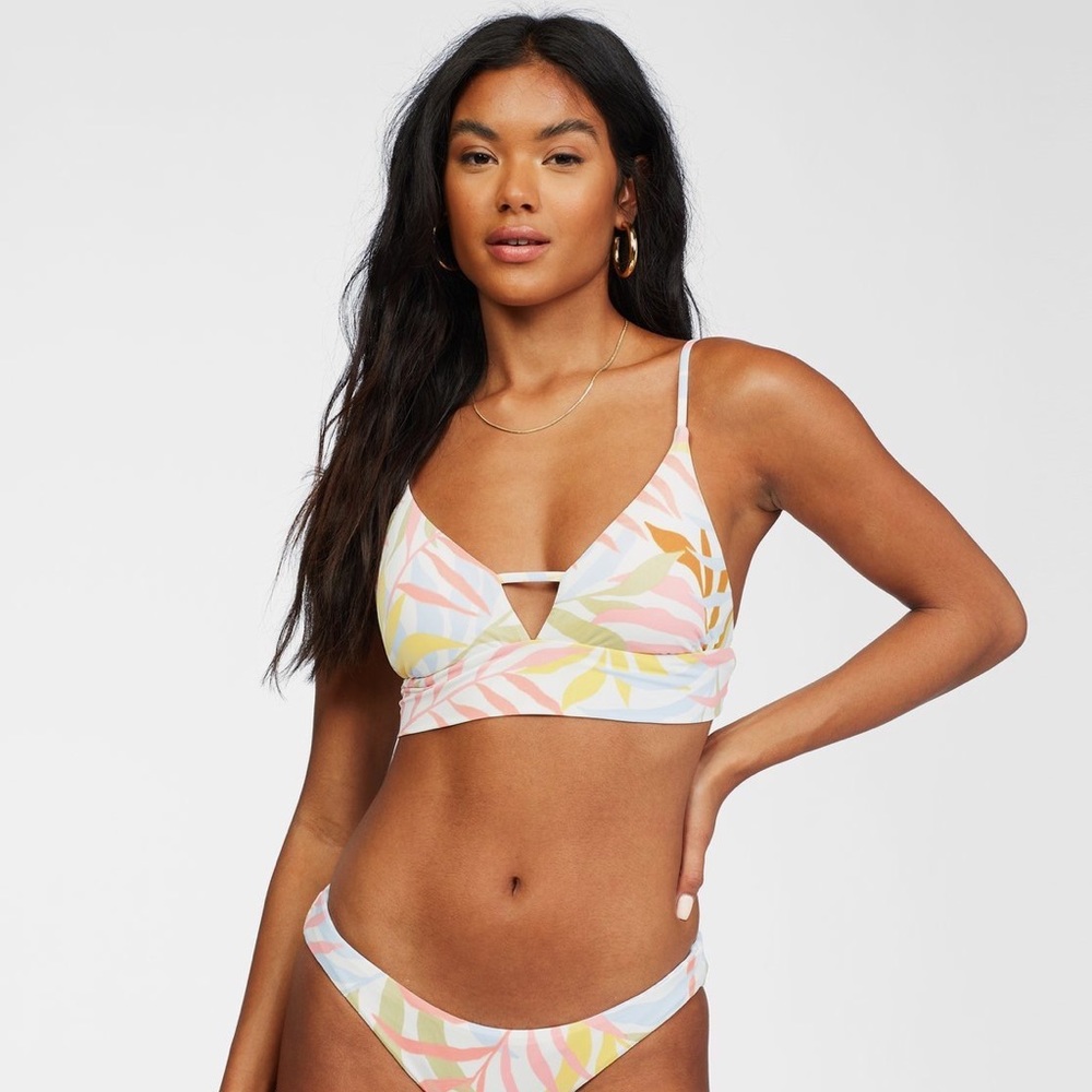 Billabong Pastel Leaf Print Bikini Top - White, Pink, Yellow, Blue, Tan - Picture 4 of 6